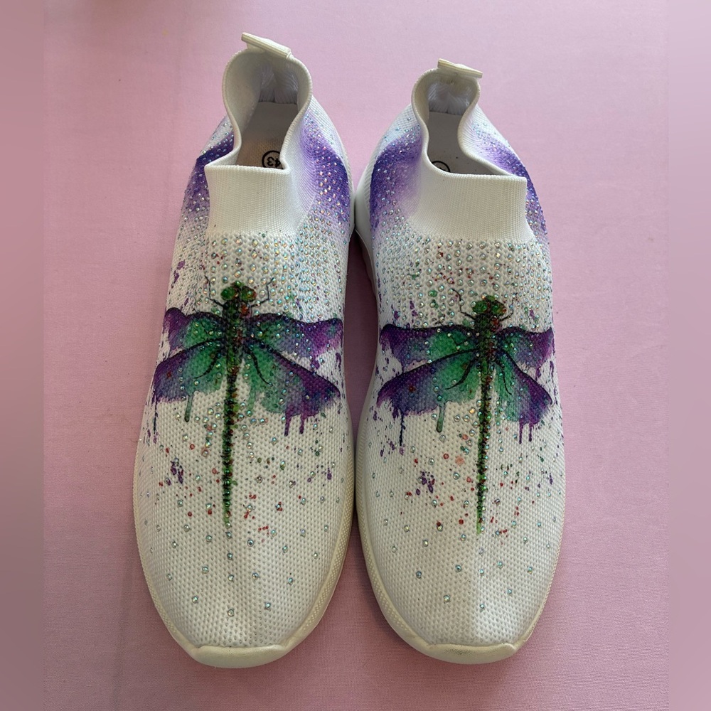 Women's White and Purple Dragonfly Sneakers